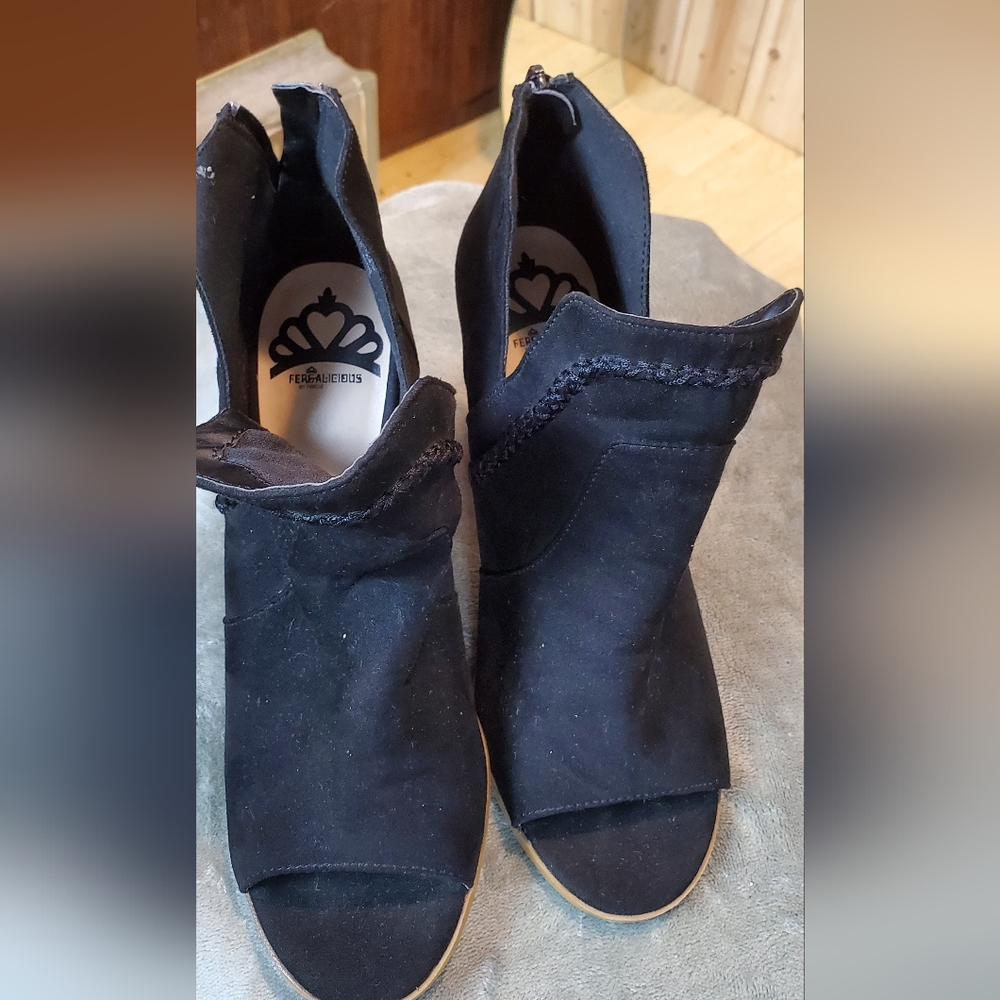 Fergalicious Vittoria Black Open-Toed Heeled Booties